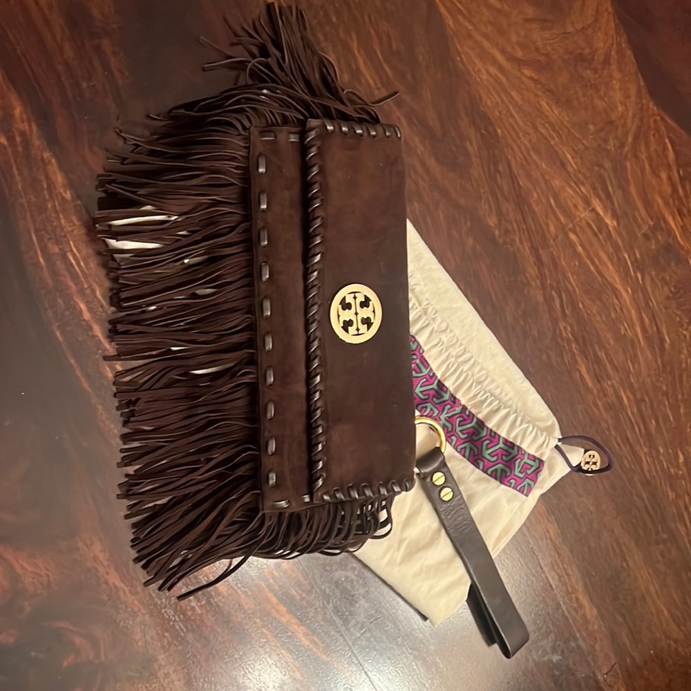 Tory Burch chocolate brown hand bag  like new! Suede in excellent condition